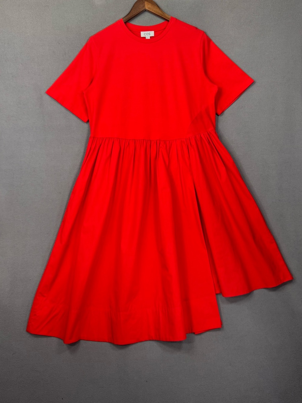 COS Bold Bright Red Short Sleeve Gathered Waist A Line Asymmetrical Dress, M